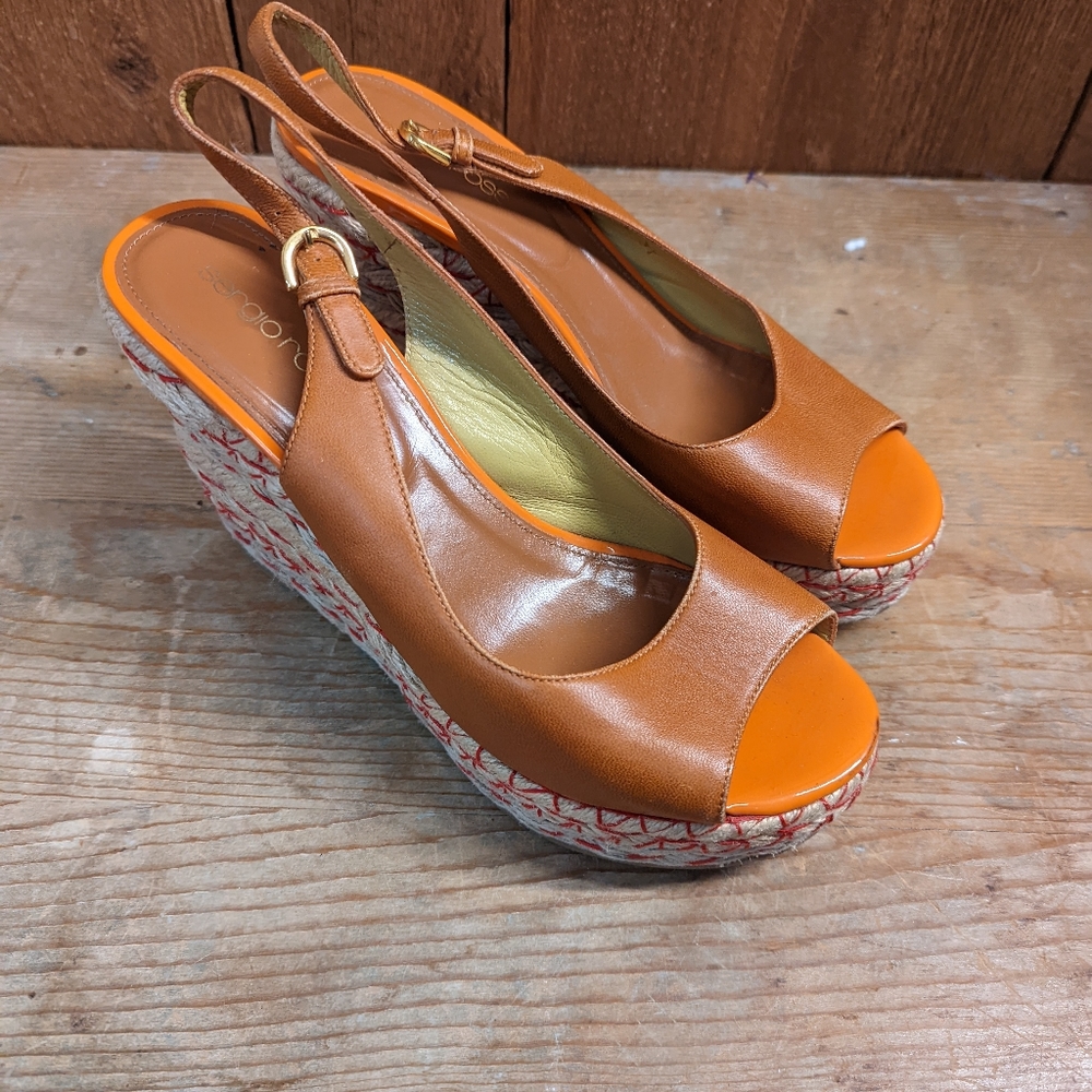 Sergio Rossi slingback wedge‎ espadrilles orange, raffia leather size 37 spain - Picture 2 of 5